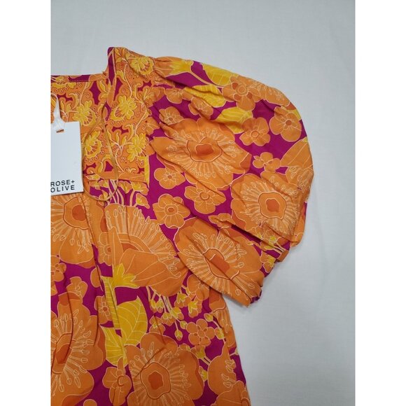 Rose & Olive Top Womens Size M Orange Short Sleeve Floral Boho Button NWT - Picture 3 of 10